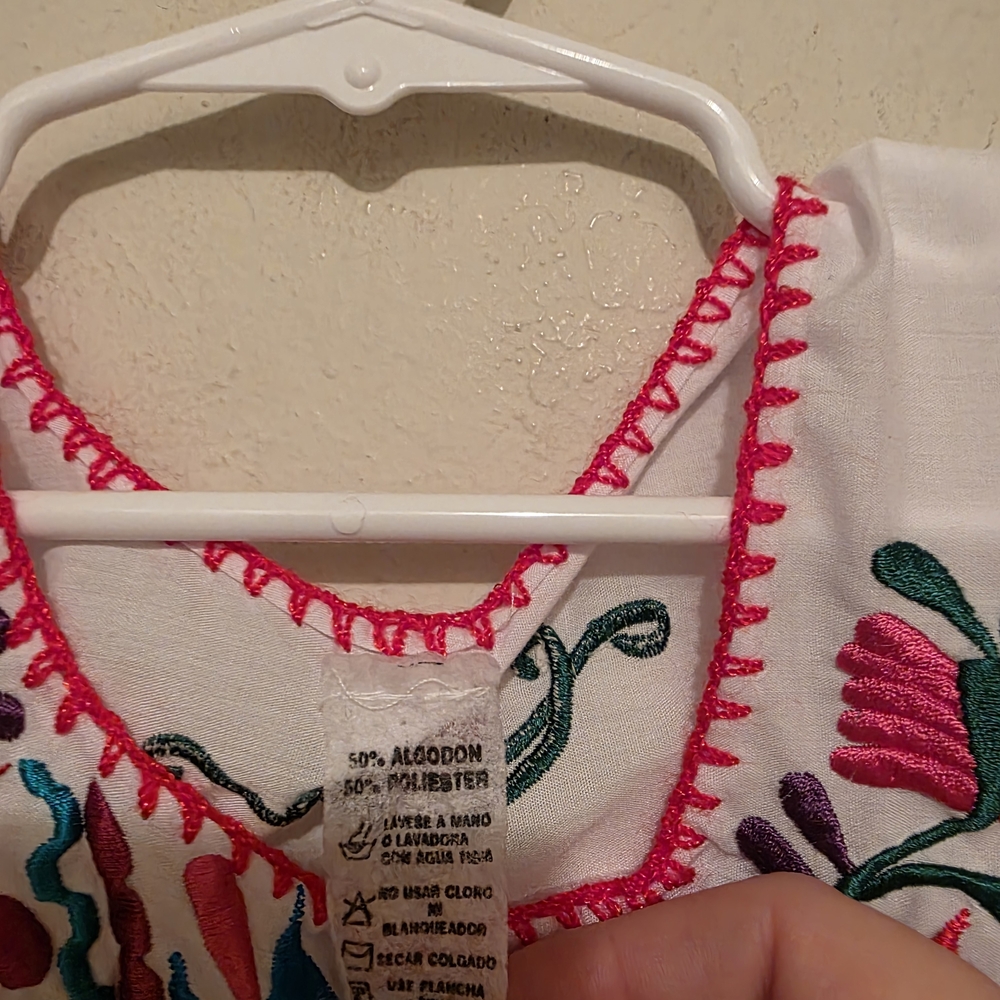 Mexican Colorful Floral Embroidered White Kids Blouse Size 4T - Picture 6 of 8